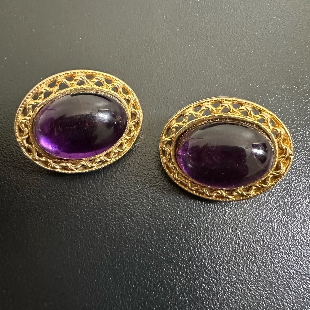Vintage Gold and Purple Clip On Earrings